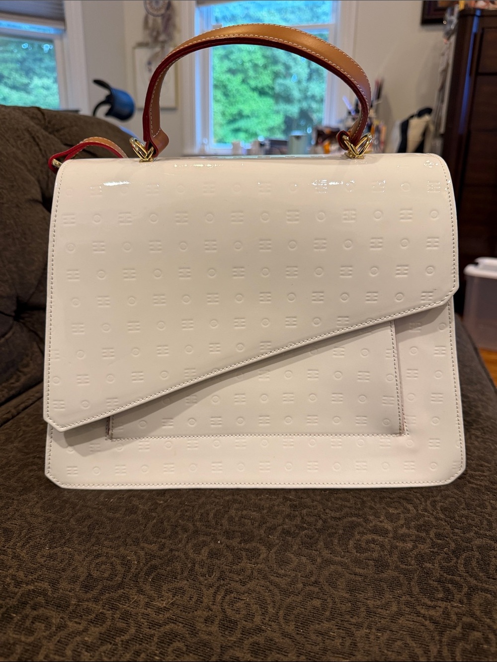Arcadia White Patent Satchel with Tan Top Handle and Gold Hardware